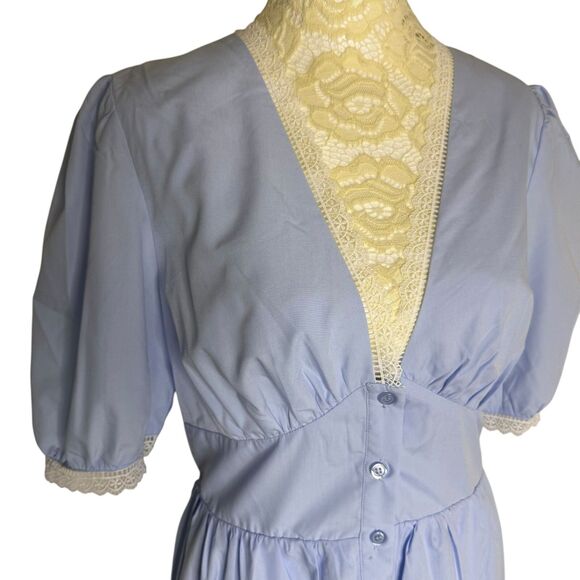 Rihoas Midi Dress Lace Trim Puff Sleeve V Neck Woven Blue S NWT - Picture 2 of 5